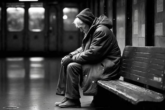 hombre solitario sentado en un banco estado de ánimo triste en blanco y negro