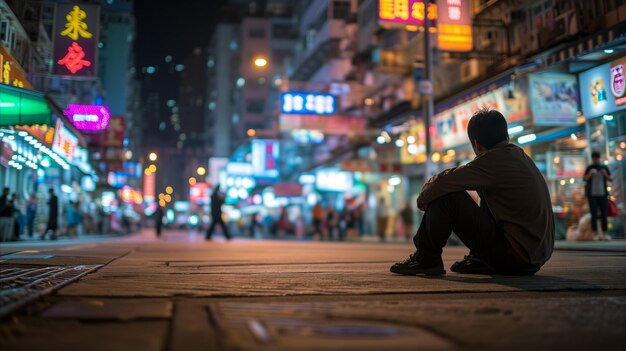 Foto un hombre solitario sentado en el suelo solo en la calle