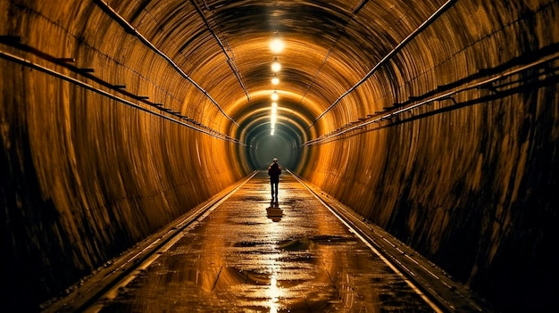 Foto hombre solitario en túnel de alcantarillado subterráneo ia generativa