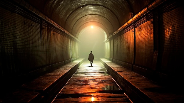 Hombre solitario en túnel de alcantarillado subterráneo IA generativa