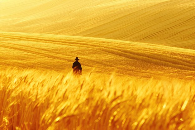 Foto un hombre está solo en medio de una vasta extensión de trigo dorado en un campo iluminado por el sol bajo un cielo azul claro campos dorado de trigo con un espantapájaros solitario ai generado