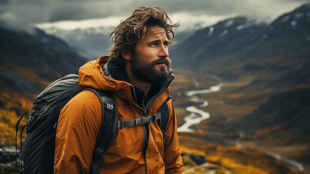 Hombre solo viaje mochilero senderismo en las montañas escandinavas aventura de estilo de vida activo y saludable