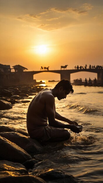 Un hombre soltero está en la orilla del río en la puesta del sol tiempo ai creado