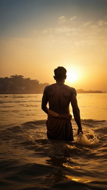 Un hombre soltero está en la orilla del río en la puesta del sol tiempo ai creado