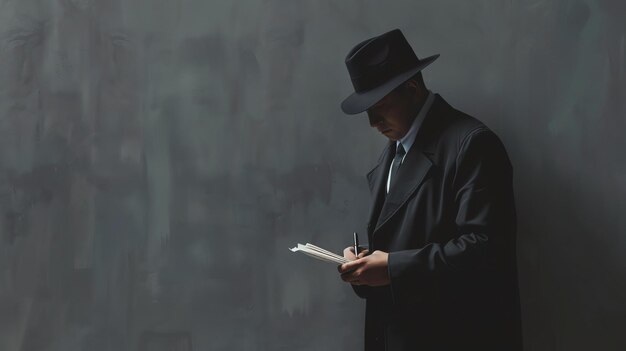 Foto un hombre con sombrero y abrigo está escribiendo algo en un bloc de notas mientras está de pie contra un fondo oscuro