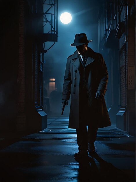 un hombre con un sombrero y un abrigo está de pie en la oscuridad con un arma en la mano