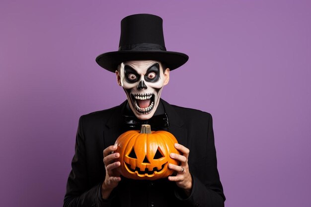 un hombre con un sombrero alto sosteniendo una calabaza