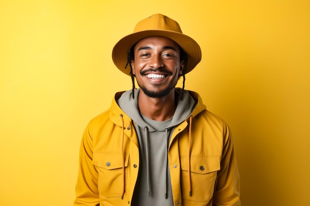 Hombre con sombrero amarillo y chaqueta amarilla IA generativa