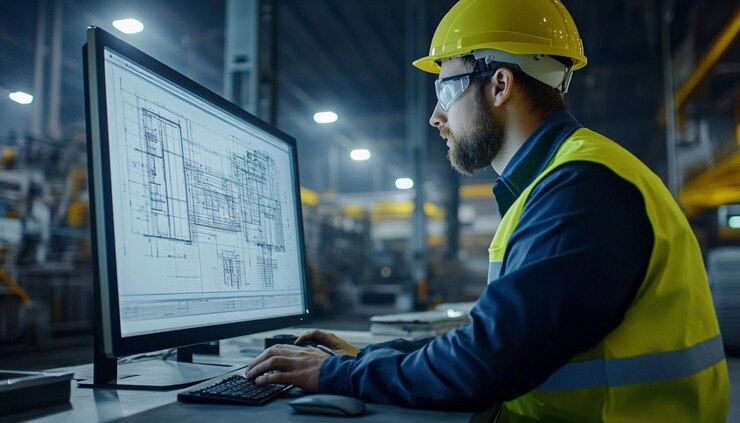 un hombre con un sombrero amarillo está trabajando en una computadora
