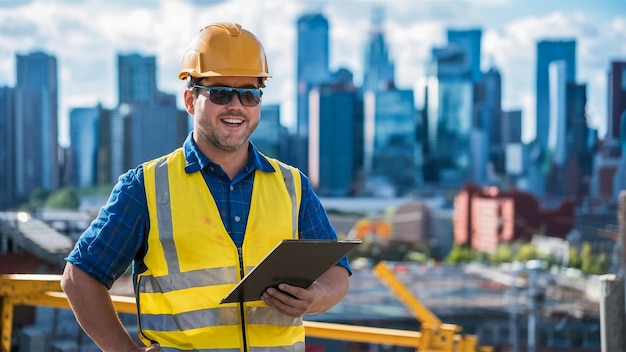 un hombre con un sombrero amarillo y gafas de sol está sosteniendo un clipboard