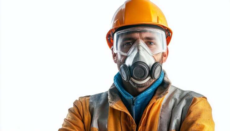 un hombre con un sombrero amarillo y una máscara con una máscara facial