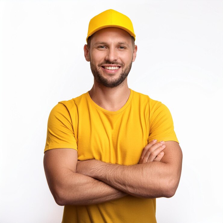 un hombre con un sombrero amarillo que dice que está usando un sombreiro amarillo