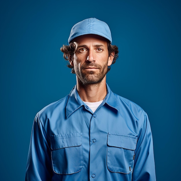 un hombre con un sombrero azul y una camisa azul con la palabra s en él