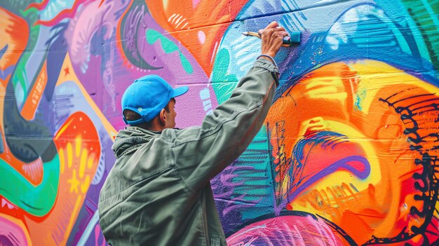 Un hombre con un sombrero azul y una chaqueta verde está pintando un mural en una pared el mural está lleno de colores brillantes y formas abstractas