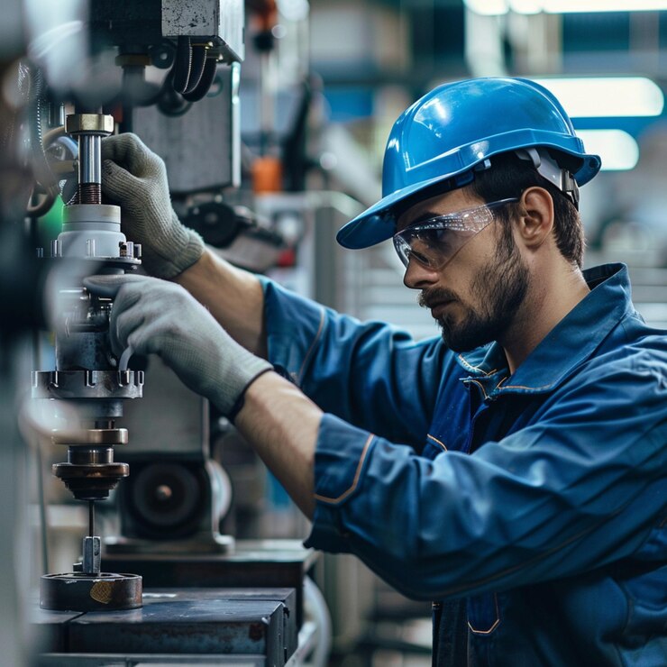 un hombre con un sombrero azul está trabajando en una máquina