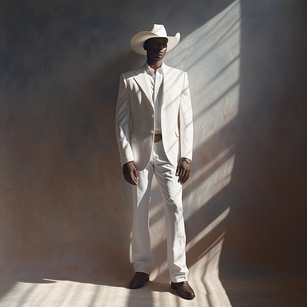 un hombre con un sombrero blanco se encuentra frente a una pared.