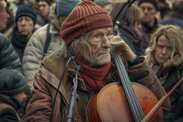 un hombre con un sombrero y una bufanda tocando un violonchelo