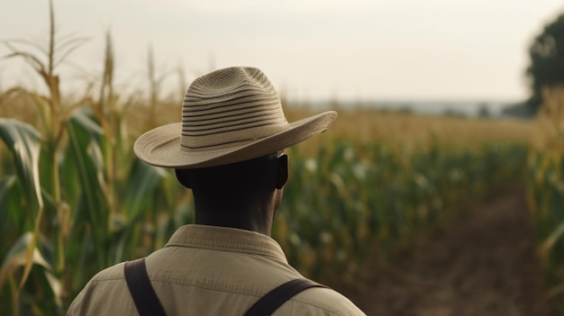 Un hombre con sombrero camina por un campo de maíz.