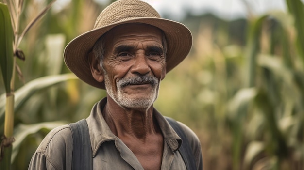Un hombre con sombrero se para en un campo de maíz.