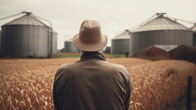 Un hombre con sombrero se para en un campo de trigo.