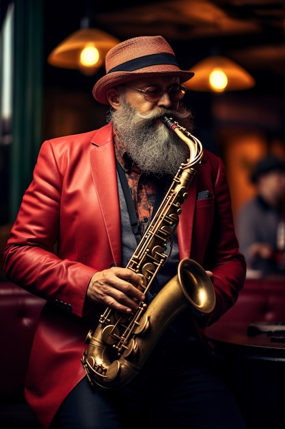 hombre con sombrero y chaqueta tocando el saxofón