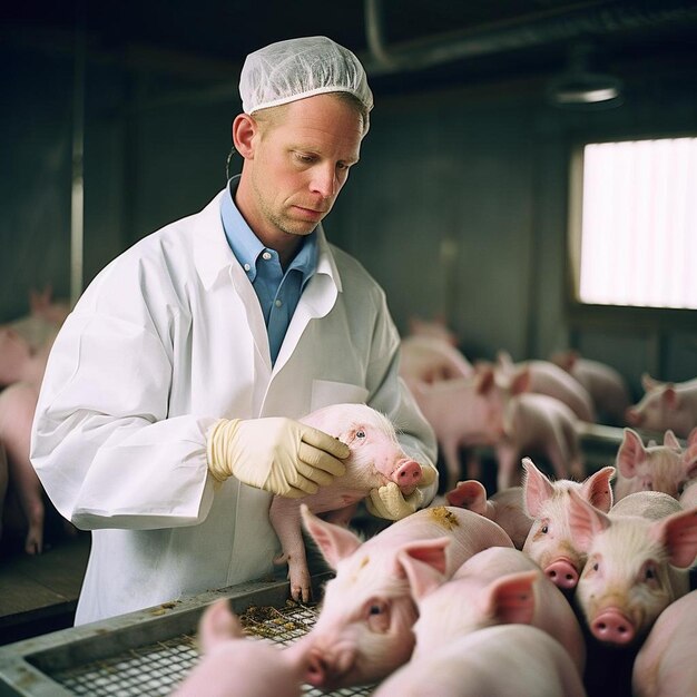 Foto un hombre con un sombrero de chef blanco está de pie frente a un cerdo