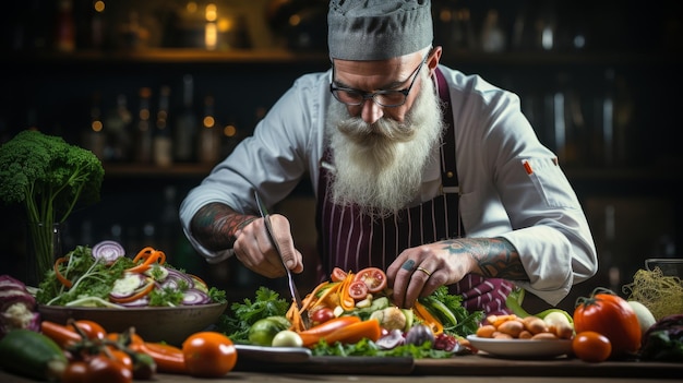 Un hombre con un sombrero de chef corta hábilmente verduras en una tabla de cortar