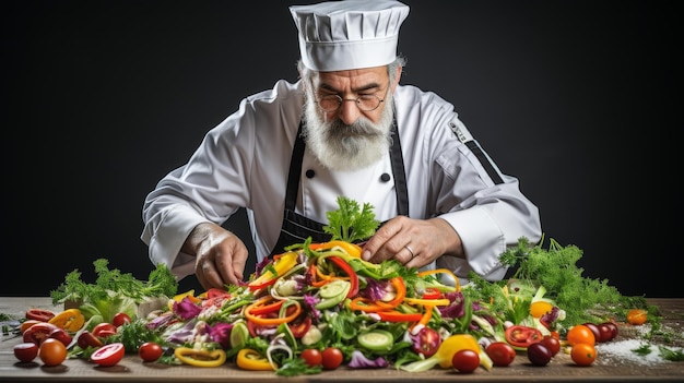 Un hombre con un sombrero de chef cortando hábilmente verduras frescas en una tabla de cortar de madera