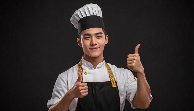 un hombre con un sombrero de chef dando un signo de pulgares hacia arriba