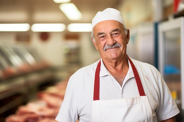 Foto un hombre con un sombrero de chef está de pie frente a una tienda de carne