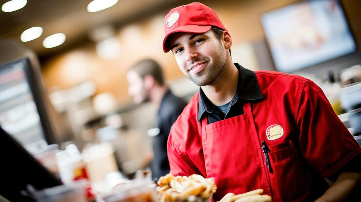 Un hombre con un sombrero de chef rojo está sonriendo mientras prepara hamburguesas y papas fritas