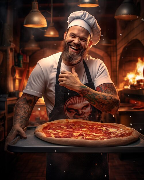 Un hombre con sombrero de chef sonriendo y sosteniendo una pizza