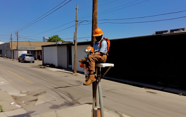 un hombre con un sombrero de color naranja está sentado en un poste con una pequeña ardilla en él