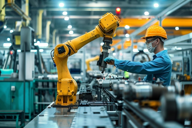 un hombre con un sombrero de color naranja está trabajando en un robot