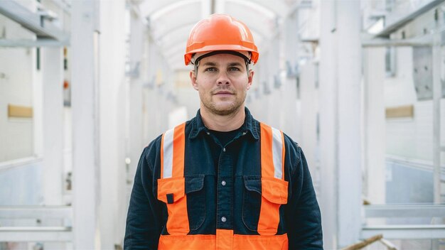 Foto un hombre con un sombrero de color naranja está de pie frente a un puente