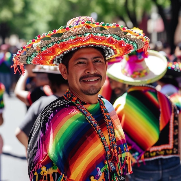 un hombre con un sombrero colorido en un desfile