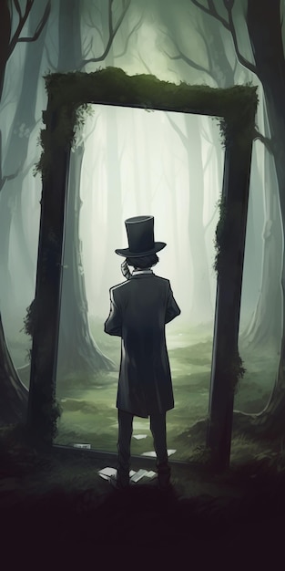 Foto un hombre con un sombrero de copa se para en un bosque oscuro con árboles en el fondo.