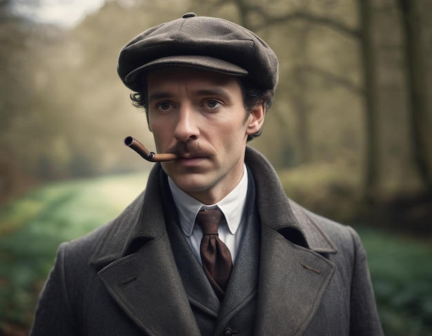 Foto un hombre con un sombrero y una corbata que tiene un cigarrillo en él