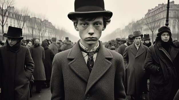 Foto un hombre con sombrero y corbata está usando un sombrero alto