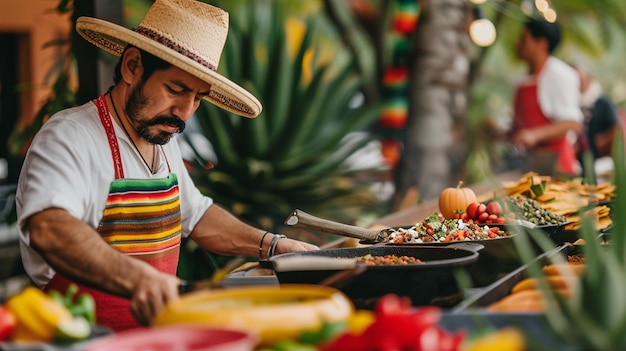 Un hombre con sombrero y delantal sirve tacos en un vibrante mercado de comida al aire libre adornado