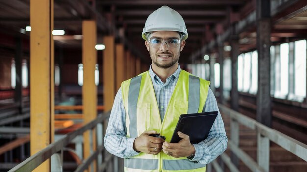 Foto un hombre con un sombrero duro y gafas está sosteniendo un clipboard