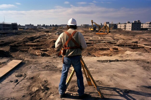 un hombre con un sombrero duro de pie en un sitio de construcción