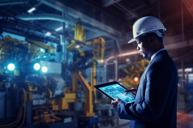 Foto un hombre con un sombrero duro sosteniendo una computadora tablet