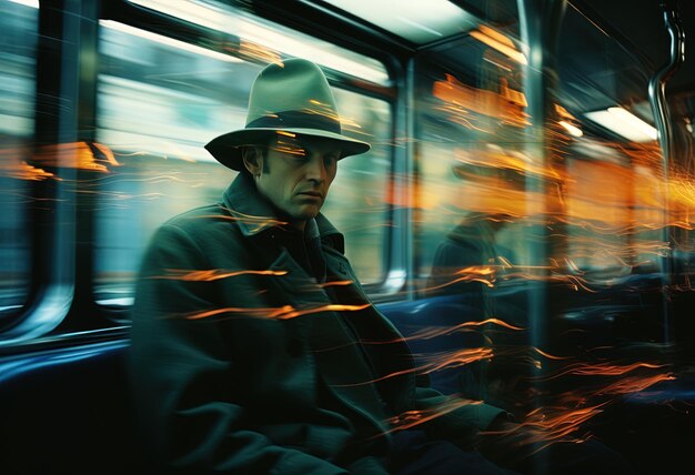 un hombre con un sombrero está montando un autobús con un borrón de luces detrás de él