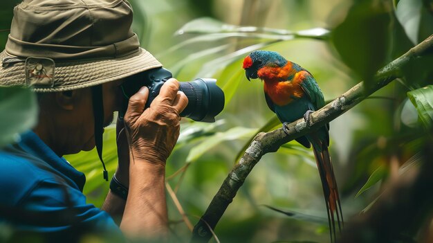 Un hombre con un sombrero está tomando una foto de un loro en la jungla El loro está posado en una rama y mirando a la cámara