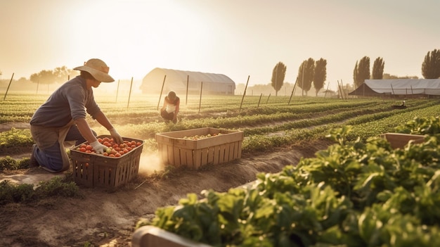 Un hombre con sombrero está trabajando en un campo de tomates.