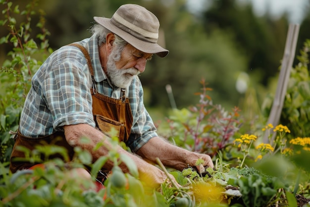 Un hombre con un sombrero está trabajando en un jardín