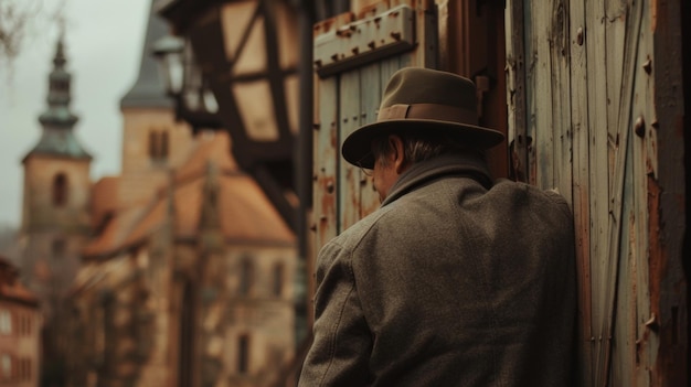 Un hombre con un sombrero de fedora se apoya contra una puerta de madera desgastada postura relajada como mira hacia fuera en el