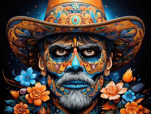 Foto un hombre con un sombrero y flores en la cara