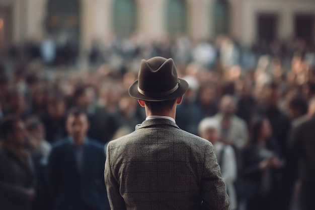 Un hombre con sombrero se para frente a una multitud.